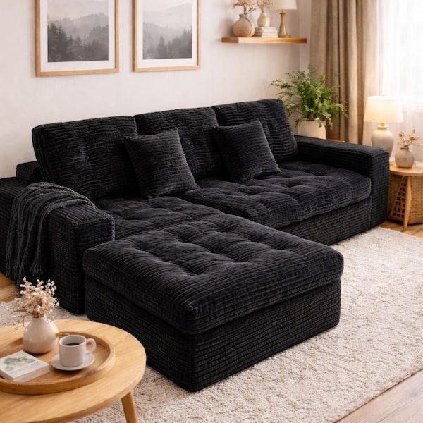 Aubrey 105 in. Square Arms 3-Piece Faux Rabbit Fur Fabric Modular Compressed Sectional Sofa in. Black with Ottoman