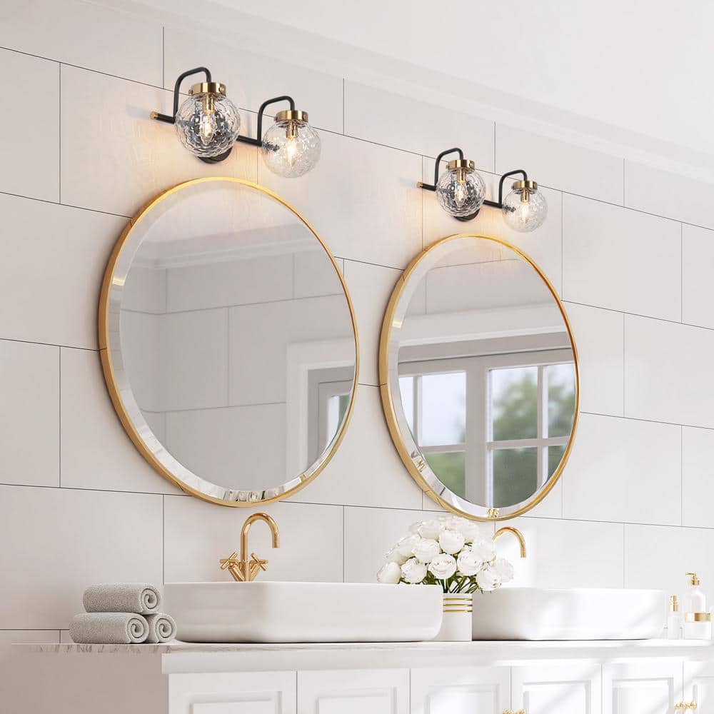 Astrid 15" Black and Gold Ripple Glass 2-Light Vanity Fixture