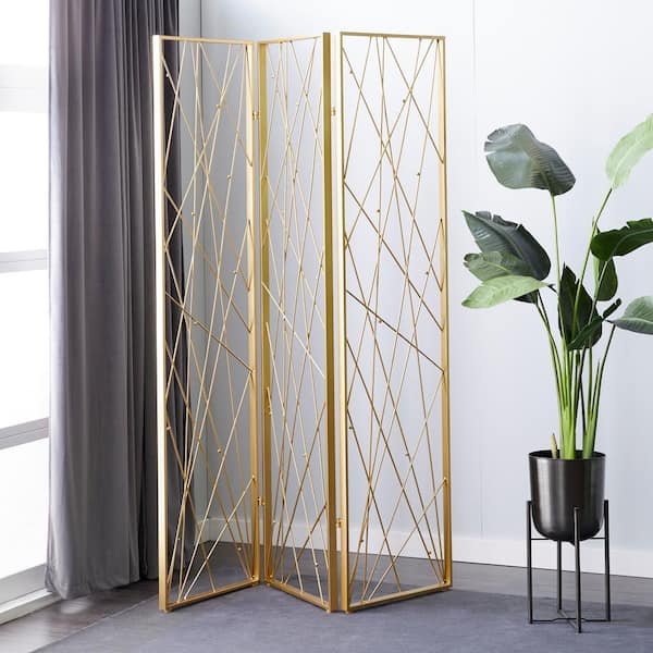 Litton Lane 7 ft. Gold 3 Panel Geometric Hinged Foldable Partition Room Divider Screen