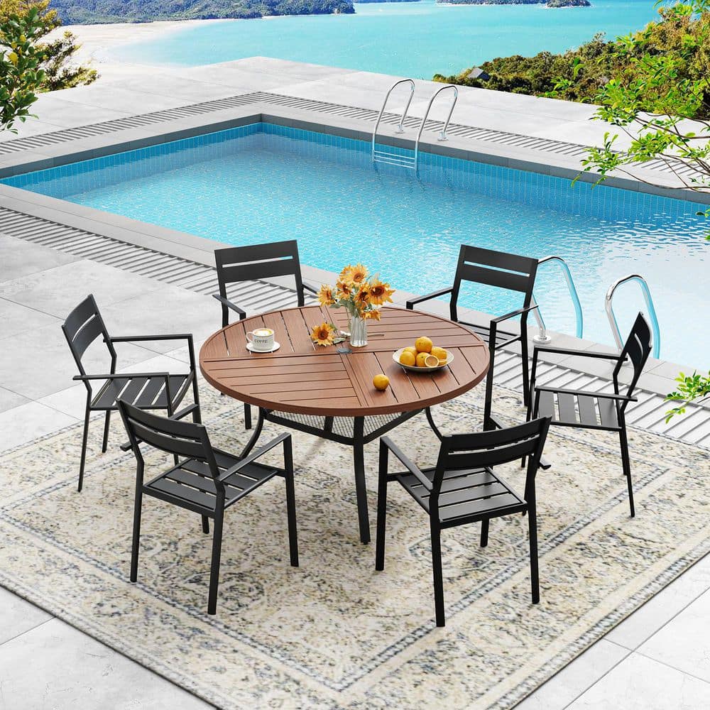 7-Piece Metal Outdoor Patio Dining Set with 47.2 in. Walnut Round Slatted Table and 6 Black Stackable Dining Chairs