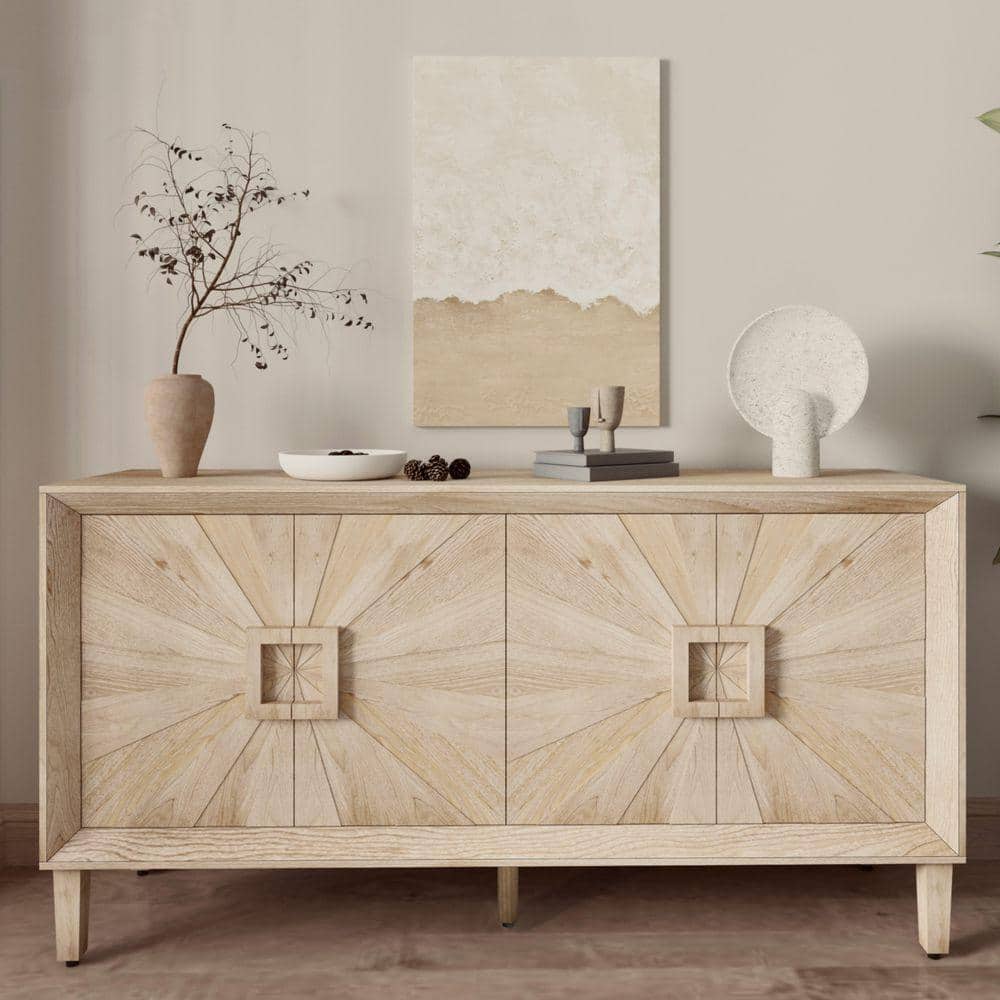 Farmhouse Antique Beige Wood 59.8 in. Sideboard with Symmetrical Sunburst Door Design and Adjustable Shelves