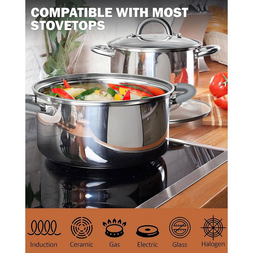 12-Piece Stainless Steel Cookware Set with Glass Lids and Silicone Handles