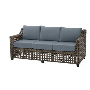 Briar Ridge Brown Wicker Outdoor Patio Sofa with Sunbrella Denim Blue Cushions