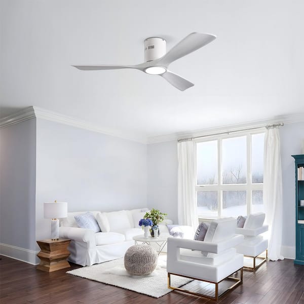 52" Solid Wood Ceiling Fan with Light Kit, Dimmable LED, DC 6-Speed, Remote, Matte White + Wood