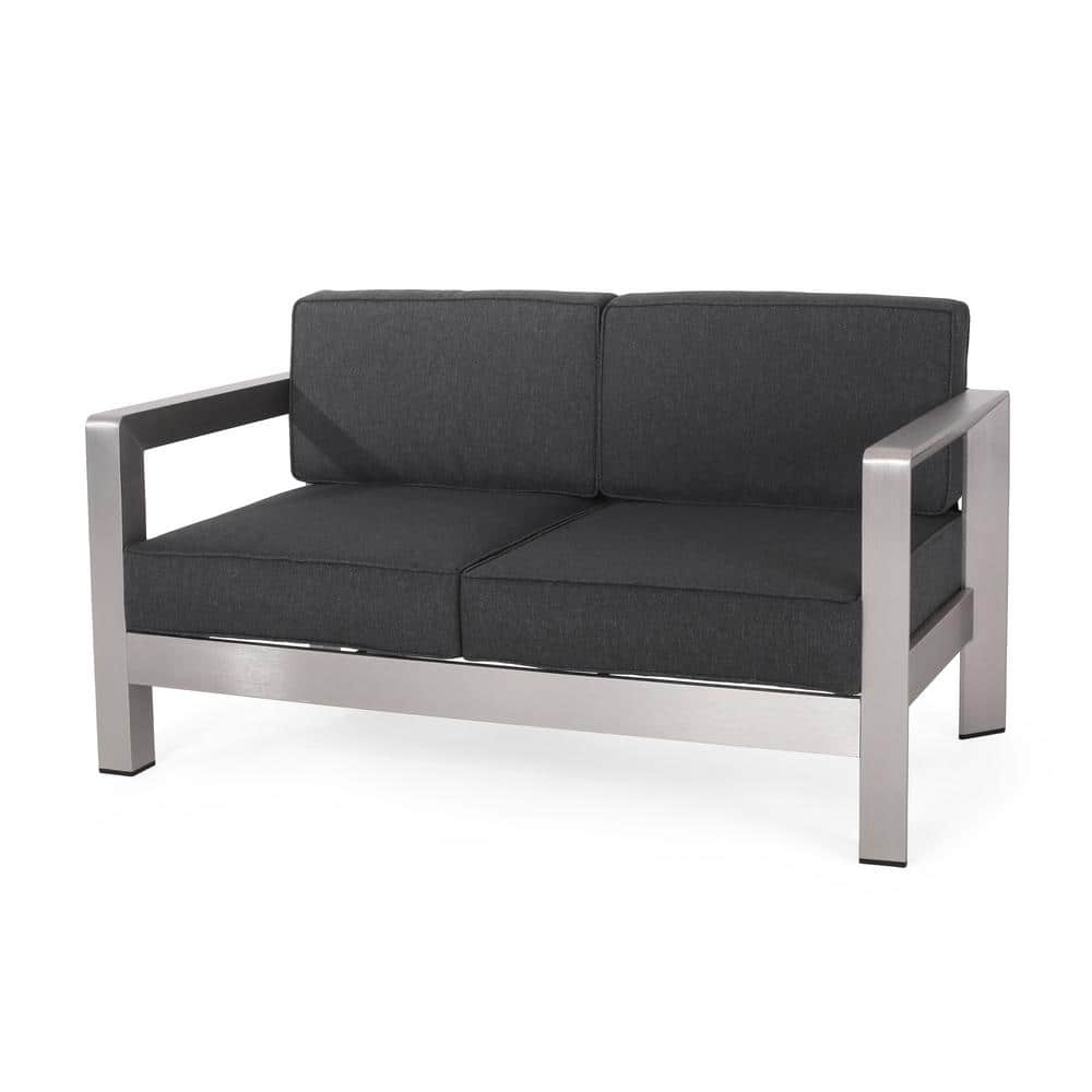 Noble House Trevor Silver Aluminum Outdoor Loveseat with Charcoal Grey