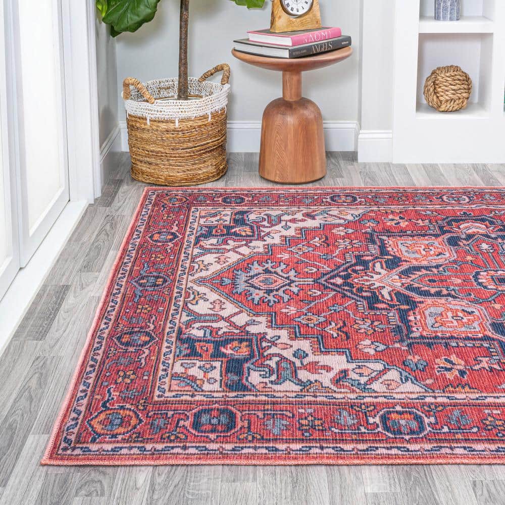 Cirali Medallion Red/Navy 4' x 6' Washable Synthetic Area Rug