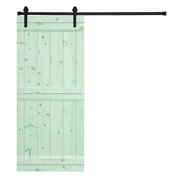 AIOPOP HOME Mid-Bar Serie 42 in. x 84 in. Iced Mint Knotty Pine Wood DIY Sliding Barn Door with Hardware Kit