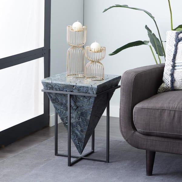 Litton Lane 16 in. Gray Mosaic Design Large Square Wood End Accent Table with Black Metal Stand