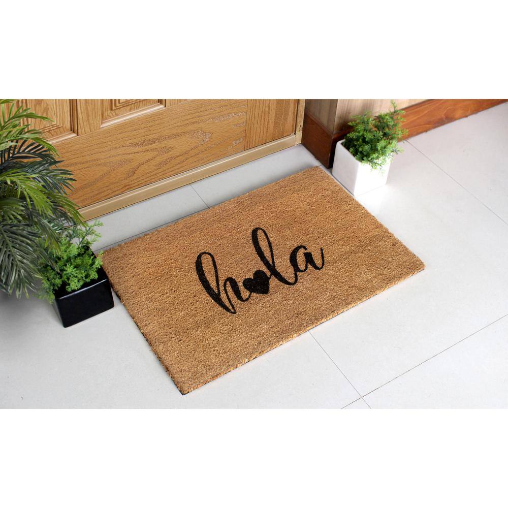 Hola Heart Black Coir Outdoor Welcome Doormat, 18"x30"