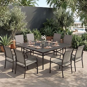 Black 9-Piece Metal Patio Outdoor Dining Set with Slat Square Table and Textilene Chairs