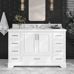 Stafford 55 in. W x 22 in. D x 36 in. H Single Sink Freestanding Bath Vanity in White with Pure White Quartz Top