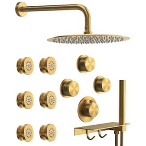 Module Switch 7-Spray 12 in. Dual Wall Mount Fixed and Handheld Shower Head 2.5 GPM in Brushed Gold with Valve 6 Jets