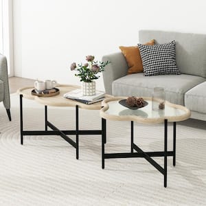 2-Piece Natural Wood Cloud Coffee Table with Tempered Glass Table Top for Living Room and Balcony