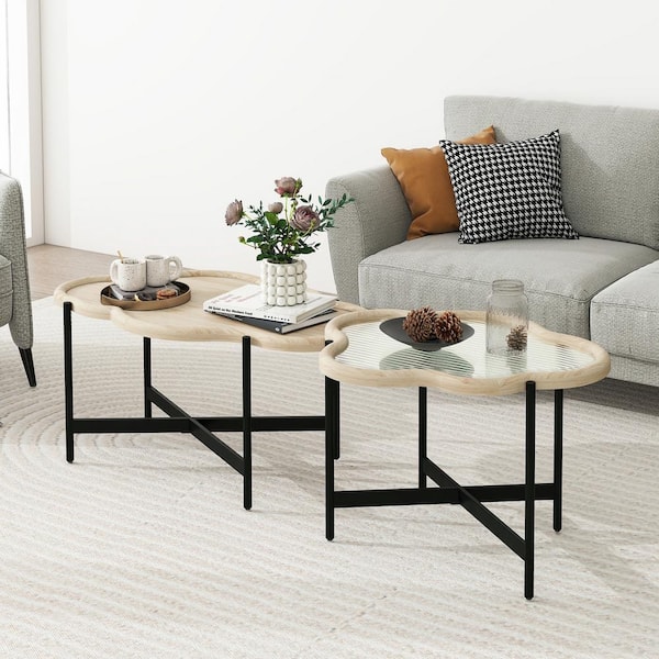 Angel Sar 2-Piece Natural Wood Cloud Coffee Table with Tempered Glass Table Top for Living Room and Balcony