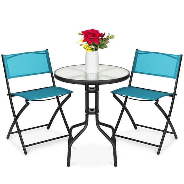 Unbranded Peacock 3-Piece Metal Outdoor Bistro Set with Glass Table and 2 Foldable Chairs