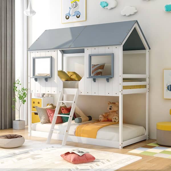 Qualler White Twin Over Twin House Style Bunk Bed with Roof and Windows