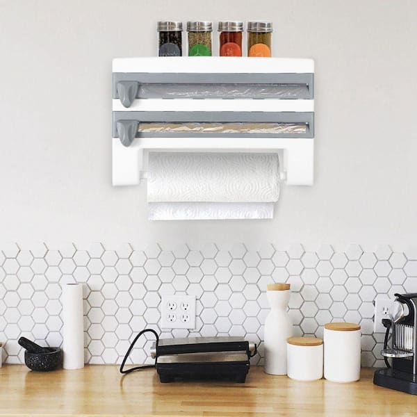 Kitchen Roll Dispenser Paper Roll Holder Plastic Wrap Film Foil Paper Organizer w/ Cutter Wall Mounted