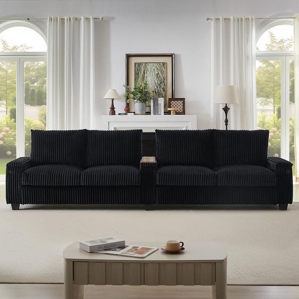 Luxury Collection 133 in. Square Arm Corduroy Modern Rectangle 4-Seater Sofa in Black with Storage and USB Ports