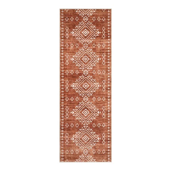 Garvee Brick Red 2x6ft Geometric Retro Corridor Strip Carpet Tribal Style Distressed Area Rug