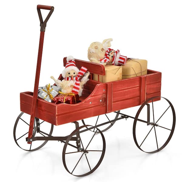 HONEY JOY Wooden Garden Flower Planter Wagon Wheel Plant Bed Decorative Garden Planter for Backyard Garden Red