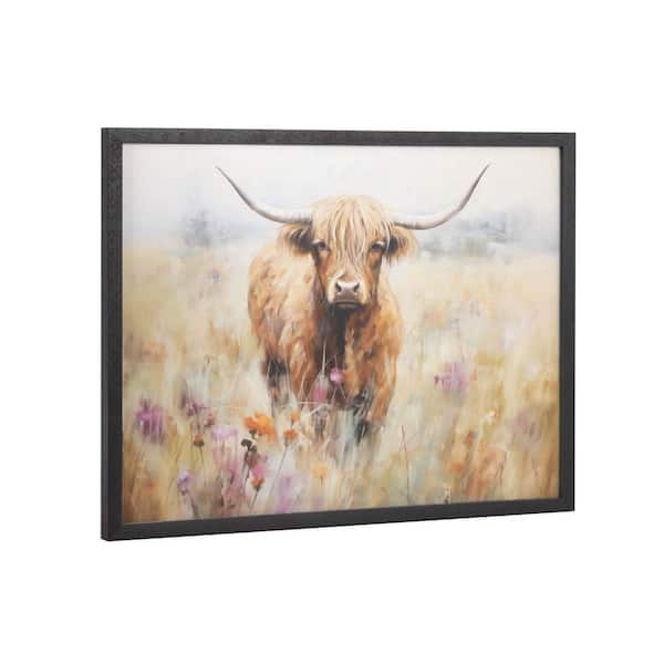 Kate and Laurel Gallery Highland Cow in a Flower Field Landscape by The Creative Bunch Studio Black Framed Art Print 16 in. x 12 in.
