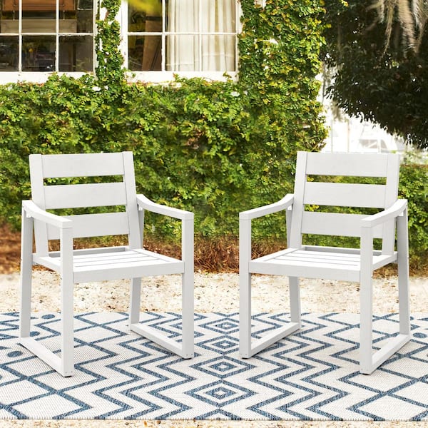 LUE BONA White Square-Leg Plastic HDPS Outdoor Dining Chairs All-Weather Indoor Outdoor Patio Dining Chairs with Armrest(2-pack)