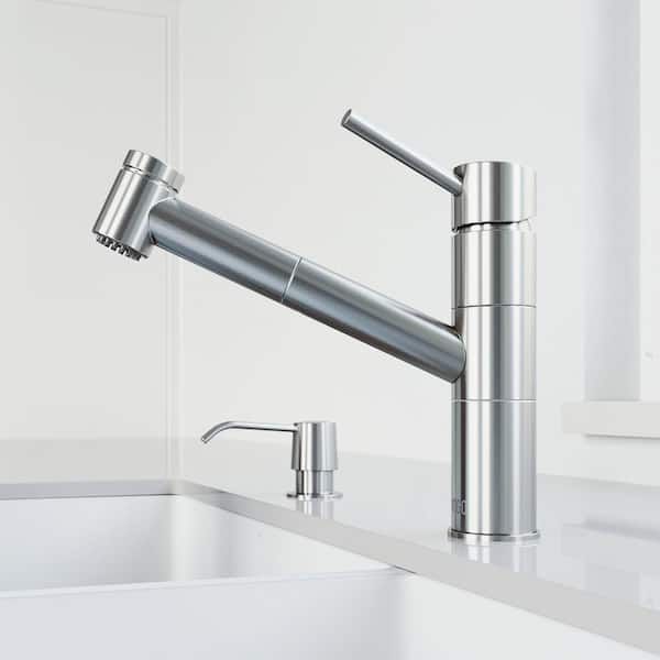 VIGO Branson Single-Handle Pull-Out Sprayer Kitchen Faucet with Soap Dispenser in Stainless Steel