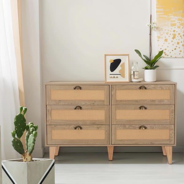 PHI VILLA 47.2 in.Vintage Woven Rattan 6-Drawer Storage Cabinet Chest of Drawers