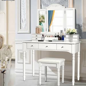 7 Drawers Vanity Set Dressing Table with Tri-Folding Mirror White