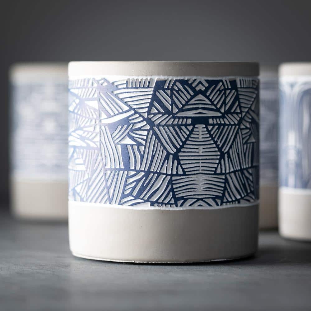 10.5" Gray and Blue Abstract Cement Planter Set