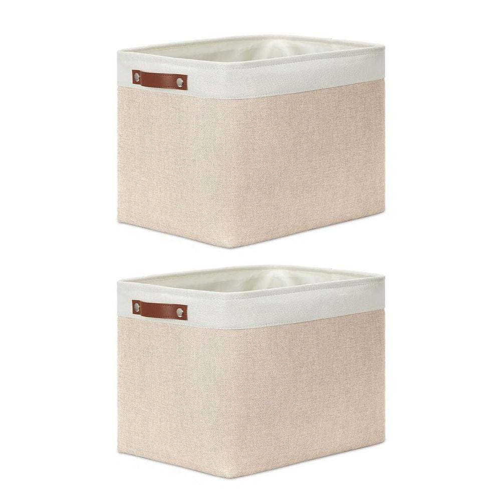ØMl CDL Hand Stitched Mini Basket  Beige Beige 16 in. x 12 in. Linen Decorative Basket (Set of 2) with
