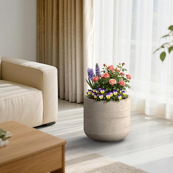 17 in. Large Stone Gray Concrete Round Planter / Pot with Drainage Holes for Indoor and Outdoor, Upgraded Interior