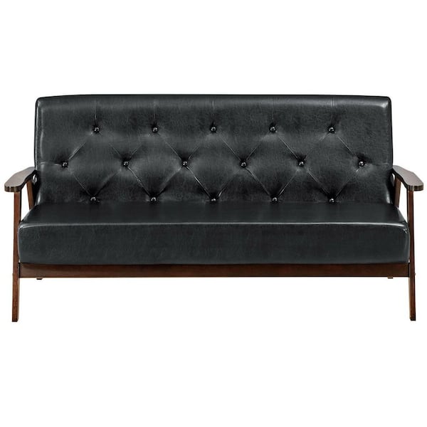 ANGELES HOME 66 in. W Square Arm PU Leather Upholstered Straight Sofa with Rubber Wood Legs in Black
