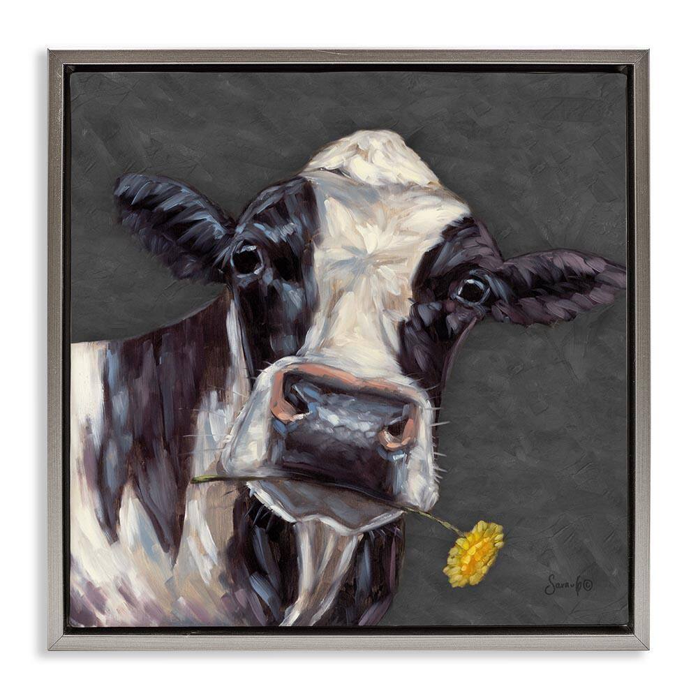 Cow with Yellow Daisy by Sara G. Designs Gray Floater Frame Animal Graphic Art Print 25 in. x 25 in. price history on PriceWatchPro