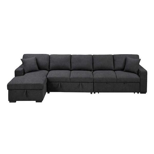 Pegosa 144.5 in. Straight Arm Boucle Fabric Sectional Sofa with Left Chaise, Pull-out Bed and Storages in Black