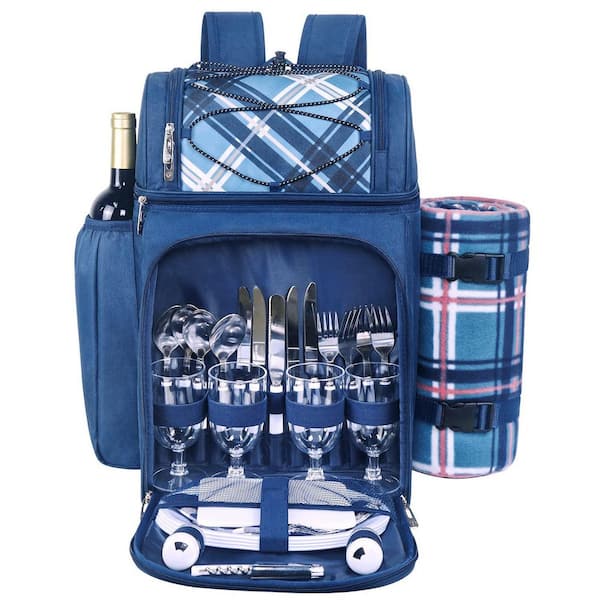 Polyester 4-Person Picnic Backpack Set with Insulated Leakproof Compartments Wine Holder, Fleece Blanket, Cutlery, Blue