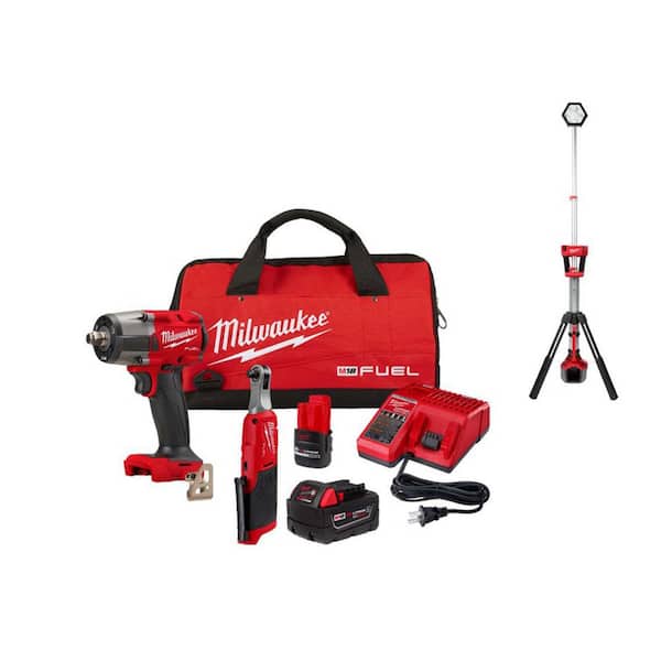 M18 FUEL 18V Cordless Mid Torque 1/2 in. Impact Wrench w/ M12 FUEL 3/8 in. Ratchet Combo Kit w/ M18 Tower Light