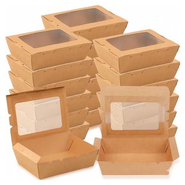 Kraft Paper Take Out Food Containers with Lids and Clear Window, Leak-Resistant, 50 Pack Disposable Meal Boxes