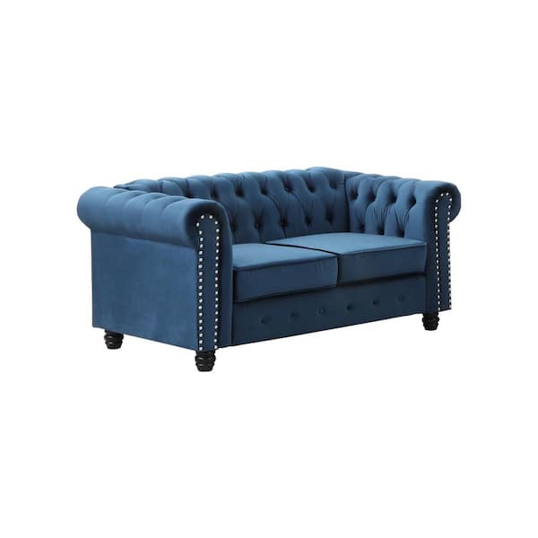 Best Master Furniture Romeo 61 in. Blue Velvet 2-Seat Chesterfield Loveseat