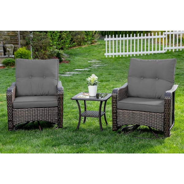 Halmuz 3-Piece Wicker Swivel Outdoor Rocking Chairs with Coffee Table and Cushion Grey