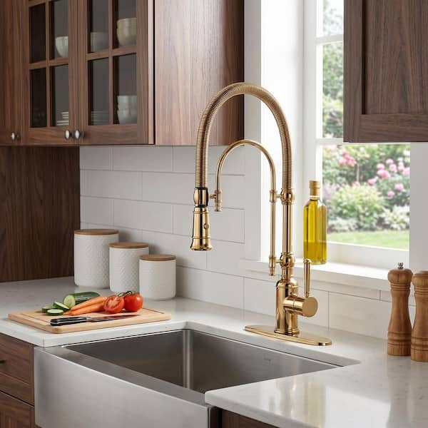 Single-Handle Wall Mount Gooseneck Pull Down Sprayer Kitchen Faucet with Deckplate Not Included and in Brushed Gold