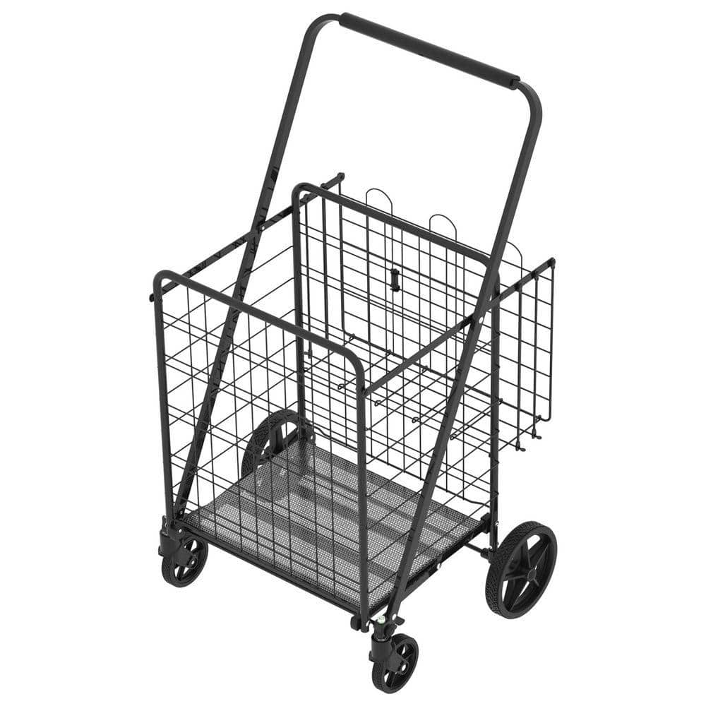 Foldable Utility Shopping Carts with Double Basket and 360° Rolling Swivel Wheels for Groceries Laundry, Serving Cart