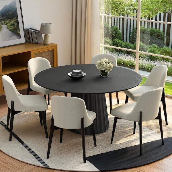 7-Pieces Black Round Wooden Top Dining Table Set 6-Seats with Wood Frame, Upholstered White Ergonomic Dining Chair