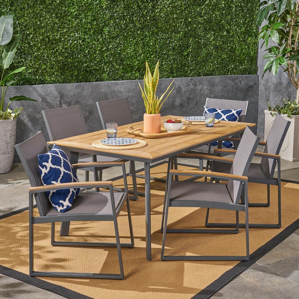 Noble House Leeds Gray 7-Piece Aluminum Outdoor Patio Dining Set with ...