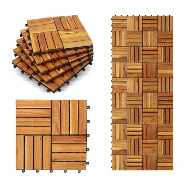 ATENGNES 30-PCS 12 in. x 12 in. Square Acacia Hardwood Interlocking Deck Tiles Checker Pattern for Patio Bancony Pool Side Brown