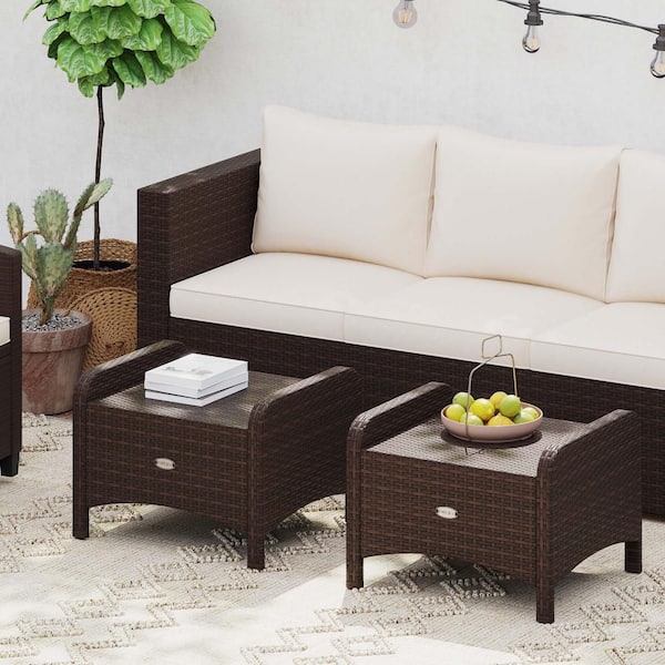 Costway Wicker Outdoor Ottoman with Footstools and Removable Beige Cushions (2-Pack)