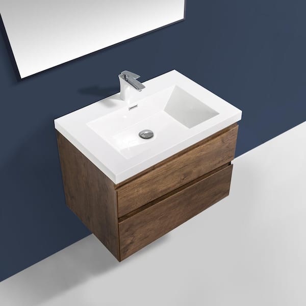 24 in. W x 19 in. D x 20 in. H Wall-Mounted Bath Vanity in Rose Wood with White Glossy Resin Top