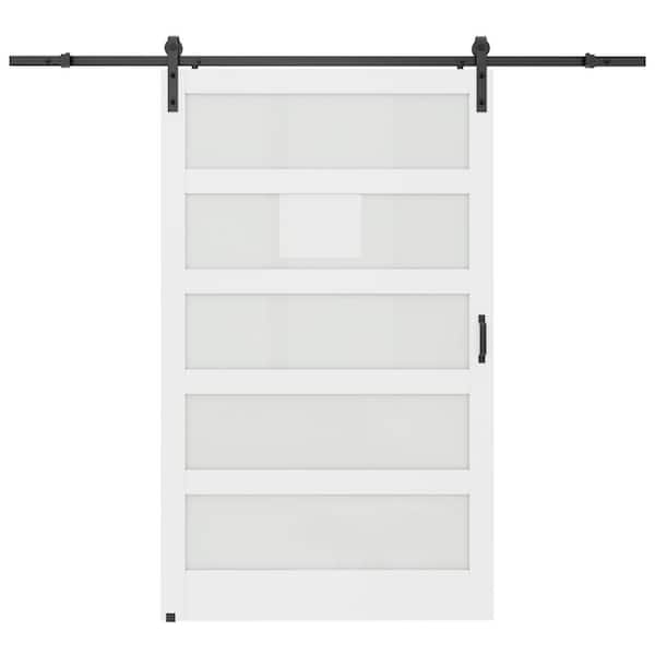 ARK DESIGN 48 in. x 84 in. 5 Lite Tempered Frosted Glass White Primed MDF Wodd Sliding Barn Door with Hardware Kit and Soft Close