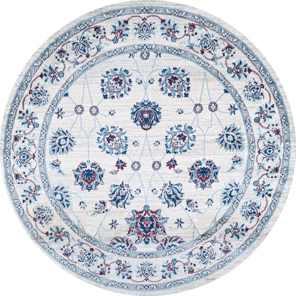 Modern Persian Vintage Moroccan Traditional Ivory/Blue/Red 6' Round Area Rug