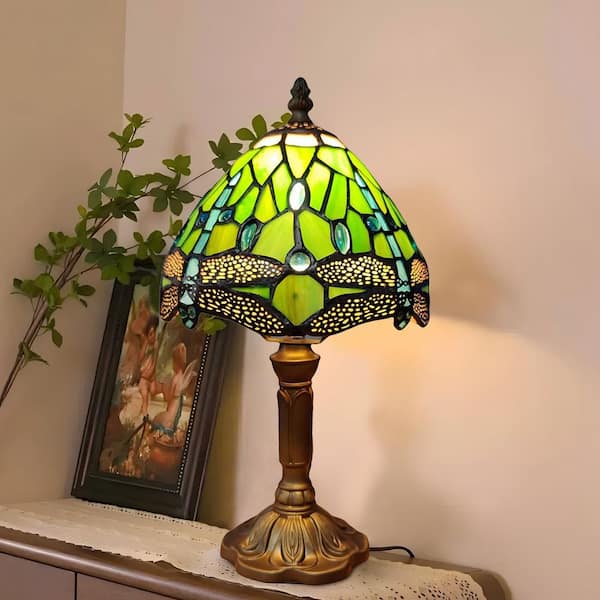 Lasaideal 13 in. Tiffany Style Bronze Finish Table Lamp with Green Dragonfly Stained Glass Lamp Shade